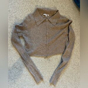 Fashion Nova Taupe Ribbed Zip-Up Sweater
